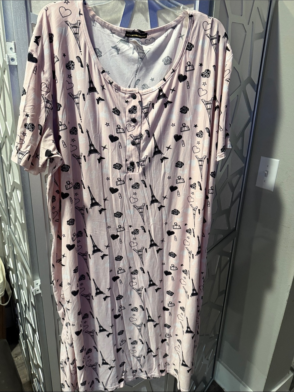 Pink Eiffel Tower Print Nightgown with Scoop Neck and Button Detail